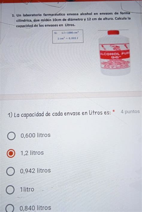 Solved 1 Un laboratorio farmacéutico envasa alcohol en en algebra