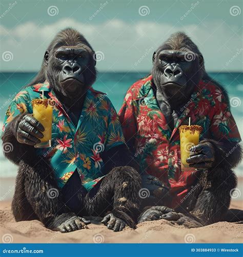 AI Generated Illustration Of Two Gorillas Dressed In Colorful Hawaiian