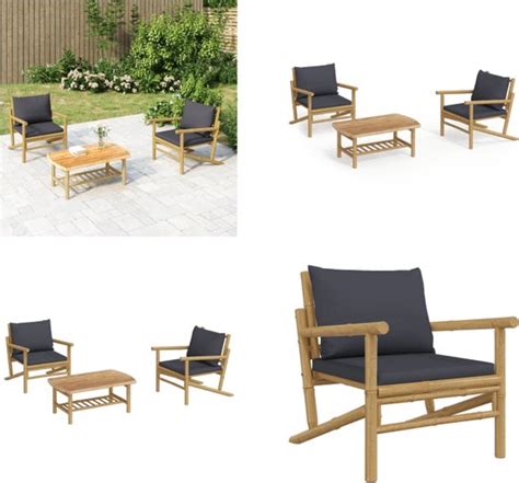 VidaXL 3 Delige Loungeset Met Kussens Bamboe Donkergrijs Loungeset