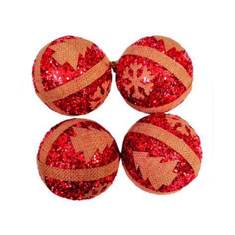 Bolas De Natal Vermelhas Glitter Desenhada 7cm 4 Peças