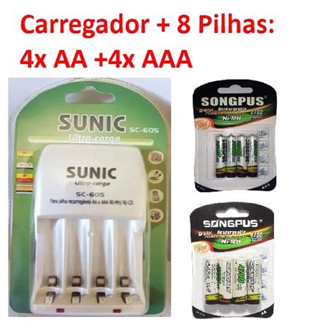 Kit Carregador De Pilhas Ou Pilhas Recarreg Vel Baterias Aa