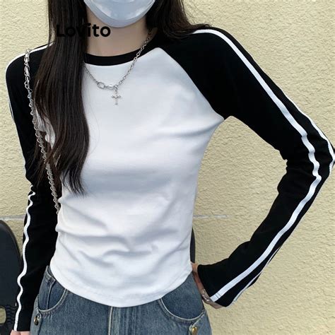 Lovito Casual Plain Fabric Stitching Contrast Binding T Shirt For Women