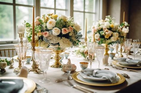 Una Mesa Puesta Para Una Boda Con Flores Y Velas Foto Premium