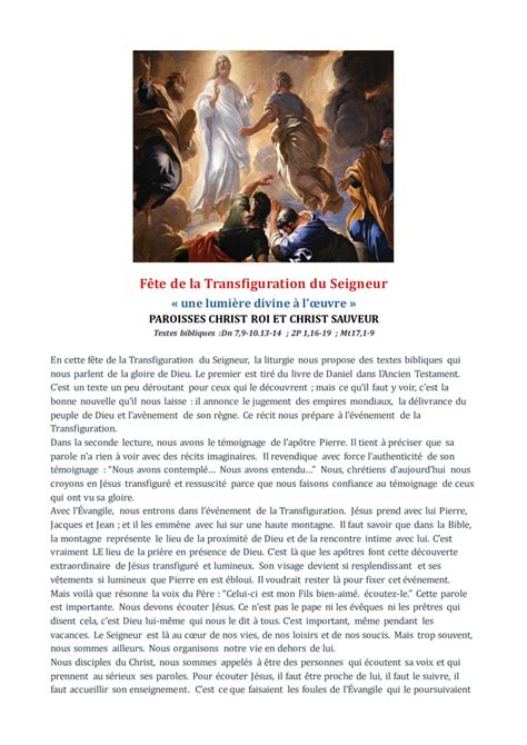 Homélie de la fête de la Transfiguration du Seigneur Année A