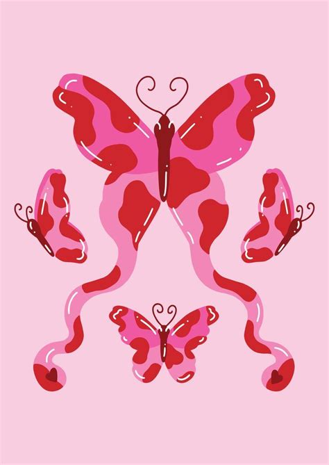 Y2K Butterfly Cow Art Print Pink Red Groovy Funky Illustration Heart