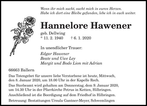 Traueranzeigen Von Hannelore Hawener Saarbruecker Zeitung Trauer De