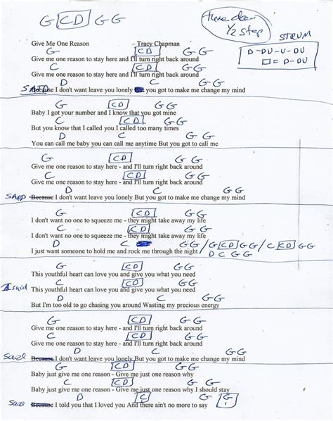 Give Me One Reason (Tracy Chapman) Guitar Chord Chart - Tune down 1/2 step