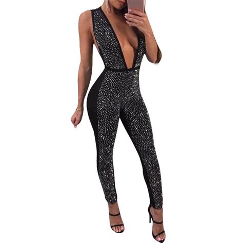 Sexy Backless Long Jumpsuit Women Rhinestones Deep V Neck Bodycon