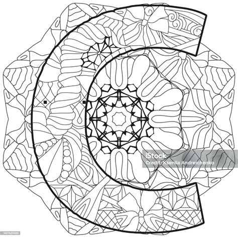 Letter C Monogram On Mandala Engraving Design Vector Illustration For Coloring Stock