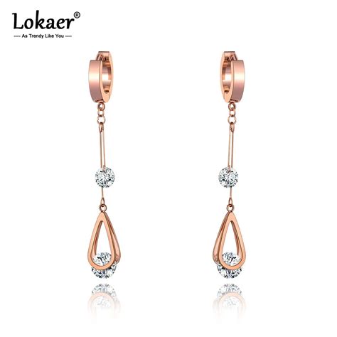 Lokaer Trendy Stainless Steel CZ Crystal Water Drop Tassel Earrings