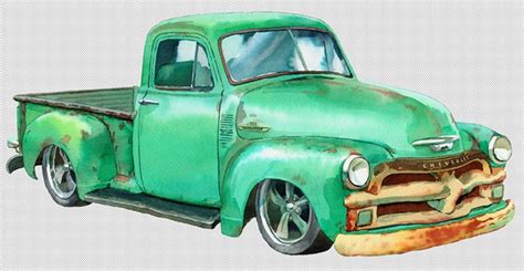 Vintage Pickup Truck Watercolor Clipart 1954 Chevrolet Etsy