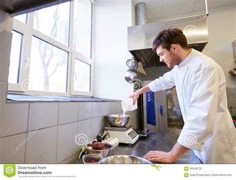 Happy Male Chef Cooking Food At Restaurant Kitchen Stock Image Image