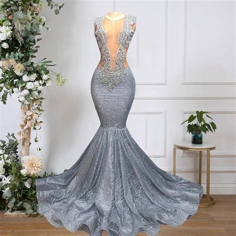 Sparkly Crystal Mermaid Prom Dresses Long For Women 2025 Silver Glitter