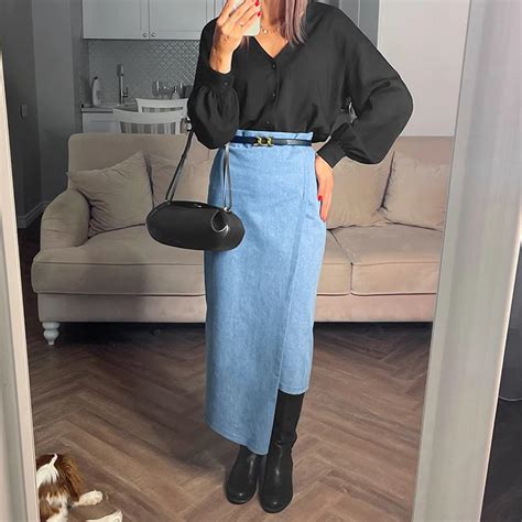 Fashion Design Women Faldas High Waist Denim Skirt Pencil Midi Jean