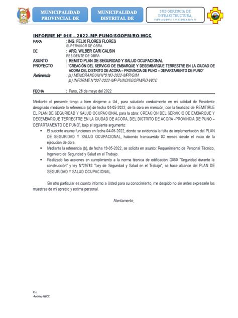 Informe N 015 Remito Plan De Seguridad Y Salud Ocupacional Pdf