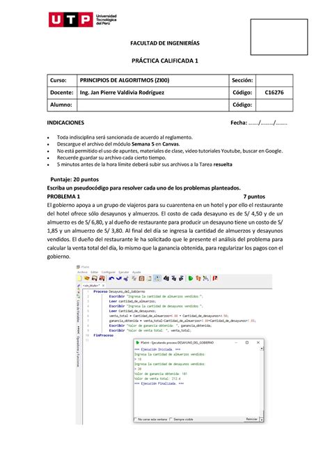 Primera Practica Calificada 1B de algoritmos FACULTAD DE INGENIERÍAS