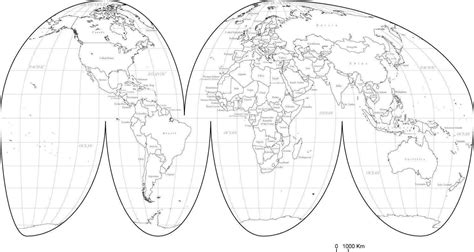 World Black & White Map with Countries - Interrupted Projection