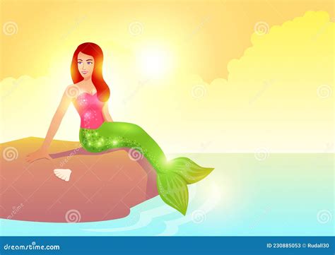 Pretty Mermaid Sitting On The Rock During Sunset Stock Vector