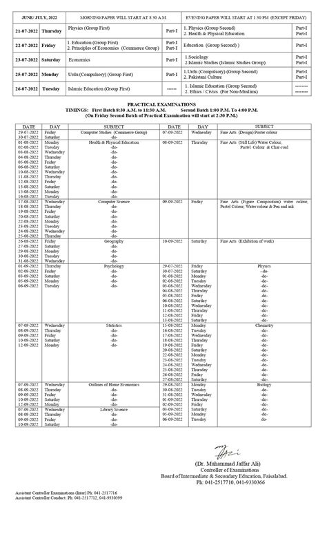 Bise Faisalabad Board Inter Fsc 1st Year 11th Class Date Sheet 2022