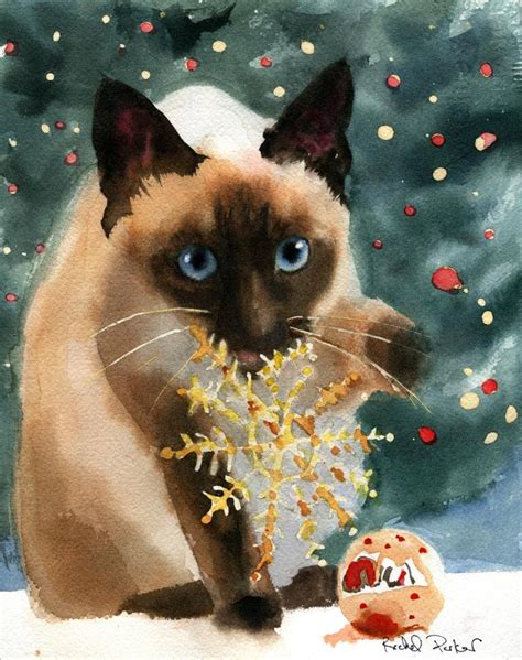 Christmas Siamese cat Art Print of a watercolor Painting Big | Etsy