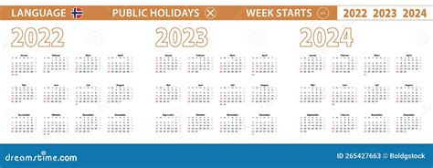 2022 2023 2024 Year Vector Calendar In Norwegian Language Week