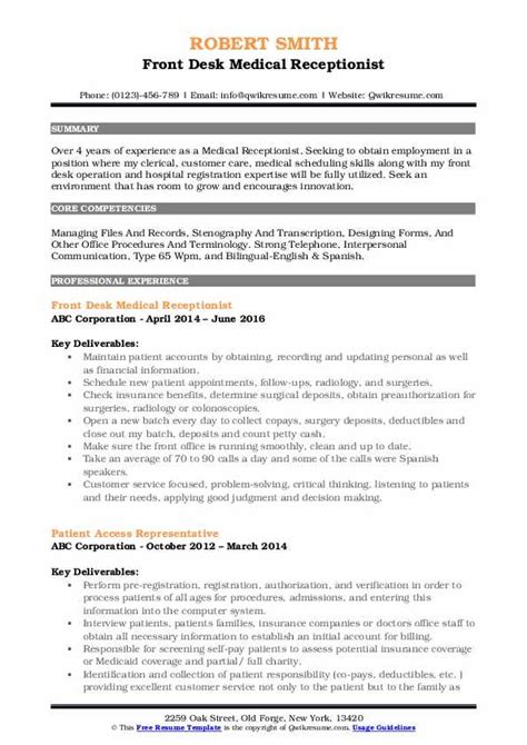 Medical Receptionist Resume Samples Qwikresume