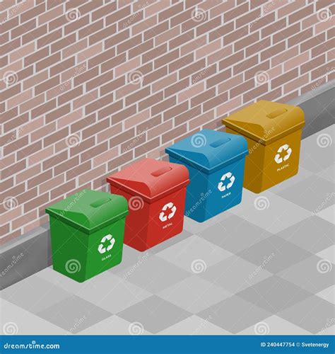 Garbage Cans Isolated Against A Brick Wall Vector Isometric