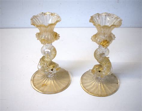 Proantic Pair Table Candlesticks With Dolphins Murano Glass Italy Att