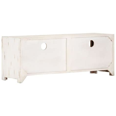 LEX Meuble TV Bois Massif D Acacia 110x30x40 Cm Blanc Qqmora