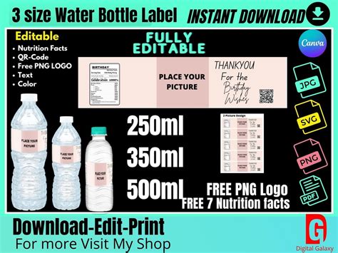 Water Bottle Label Template Z Oz Oz Instant Etsy