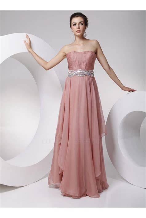 A Line Strapless Beaded Long Chiffon Prom Evening Formal Party Dresses