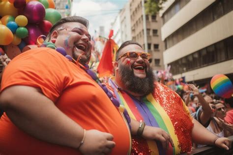 Pareja Feliz Celebrando En El Desfile Del Orgullo Gay Lgbtq En Sao Paulo Mes Del Orgullo En