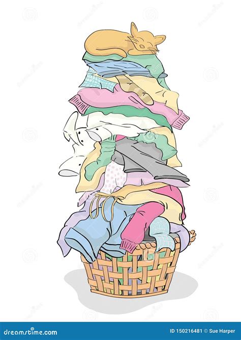 Tall Pile of Clean Laundry in Basket with Cat Stock Vector - Illustration of graphic, laundry ...