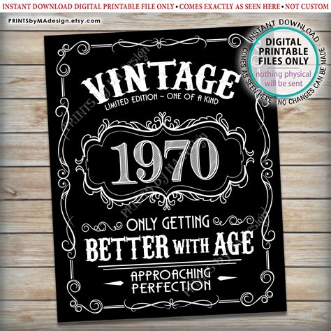 1970 Birthday Sign Better With Age Vintage Birthday Poster Whiskey