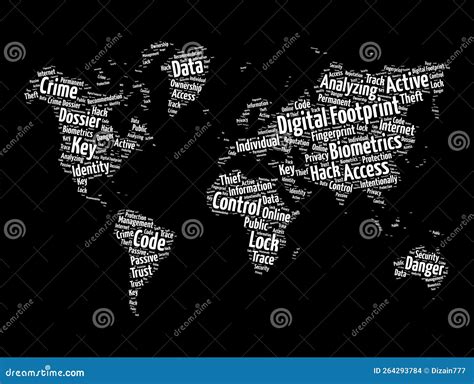 Digital Footprint Word Cloud In Shape Of World Map Concept Background