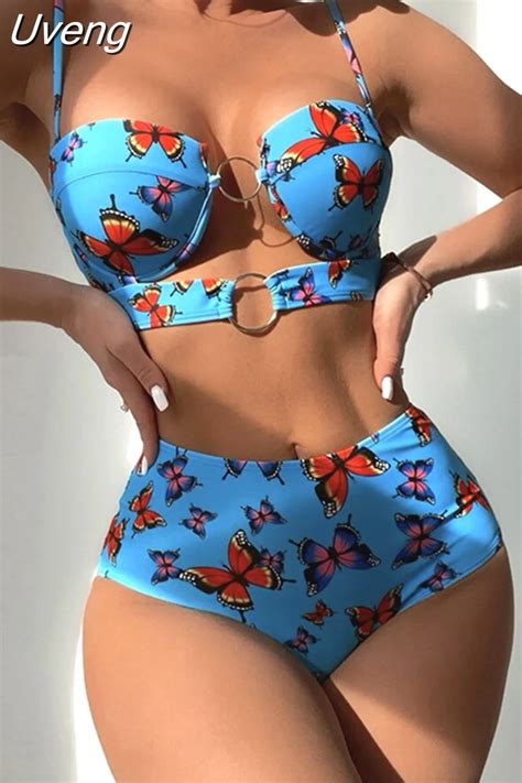 Uveng Metal Ring Hollow Stitching Women S Swimsuits Trendy Tube Top Bikini Set Summer Floral