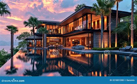 Luxury Modern Mansion with Infinity Pool at Sunset in Tropical Paradise ...