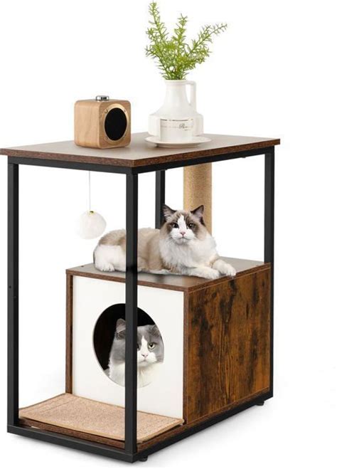 GOPLUS Arbre à Chat avec Cabane pour Chat Tapis en Peluche Amovible