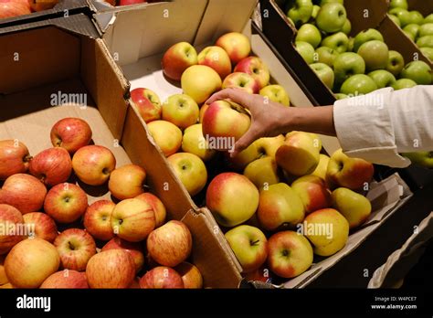 Woman Chooses Apples In The Store Counter In Apples In A Supermarket