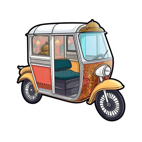 Rickshaw In Cartoon Style Stiker On White Background On Isolated