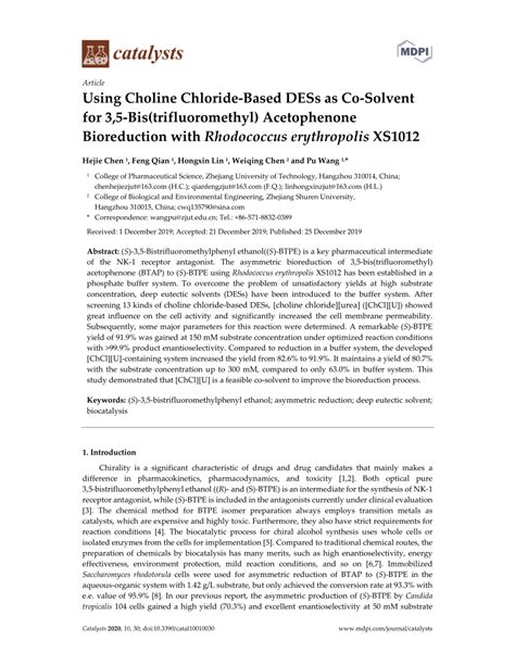 PDF Using Choline Chloride Based DESs As Co Solvent For 3 5 Bis