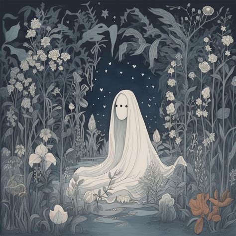 There Is A Ghost Sitting In A Garden With Flowers And A Cat Generative