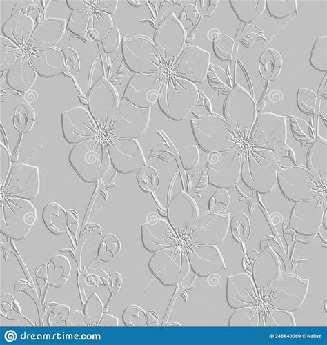 3d Embossed White Floral Seamless Pattern Textured Beautiful Flowers Relief Background Repeat