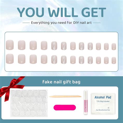 24 uñas postizas cuadradas cortas a presión uñas postizas nude polvo brillante con diseños