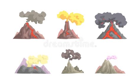 Set Of Volcano Eruption Volcanoes With Magma Flowing Down Smoke And Ash Vector Illustration