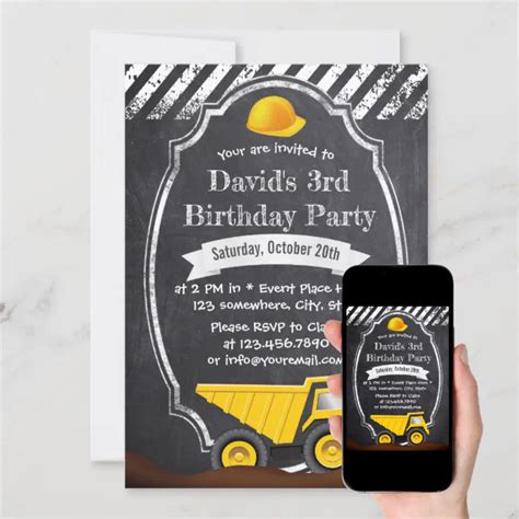 Construction Dump Truck Chalkboard Birthday Party Invitation Zazzle