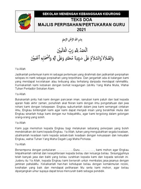 Doa Majlis Perpisahan Pertukaran Guru 2021 Pdf