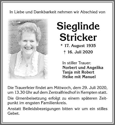 Traueranzeigen Von Sieglinde Stricker Allg Uer Zeitung