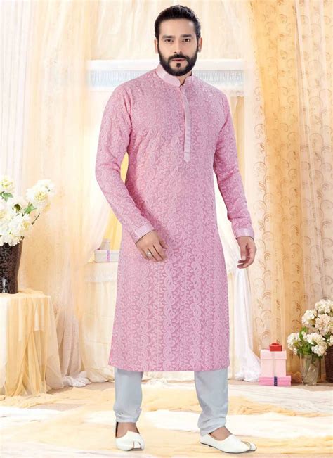 Pink Kurta Georgette Lucknowie Churidar Lucknowi Kurta Gents Kurta