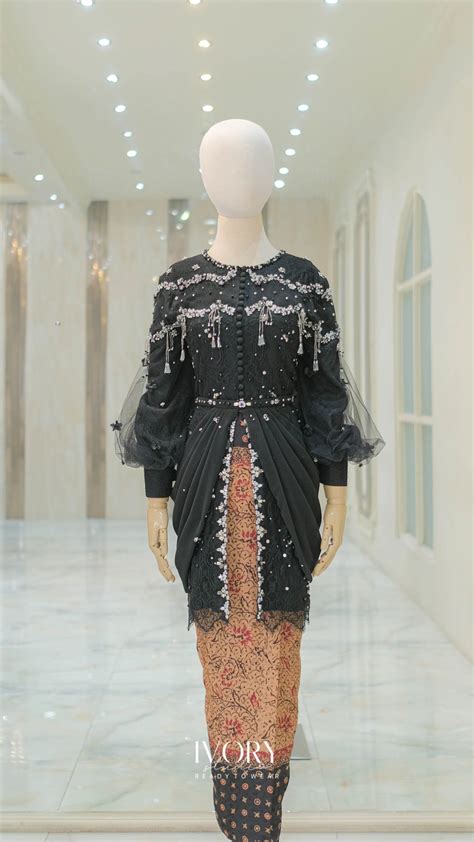 Black Kebaya With Detachable Chiffon Peplum And Shawl Ivory Studio Rtw